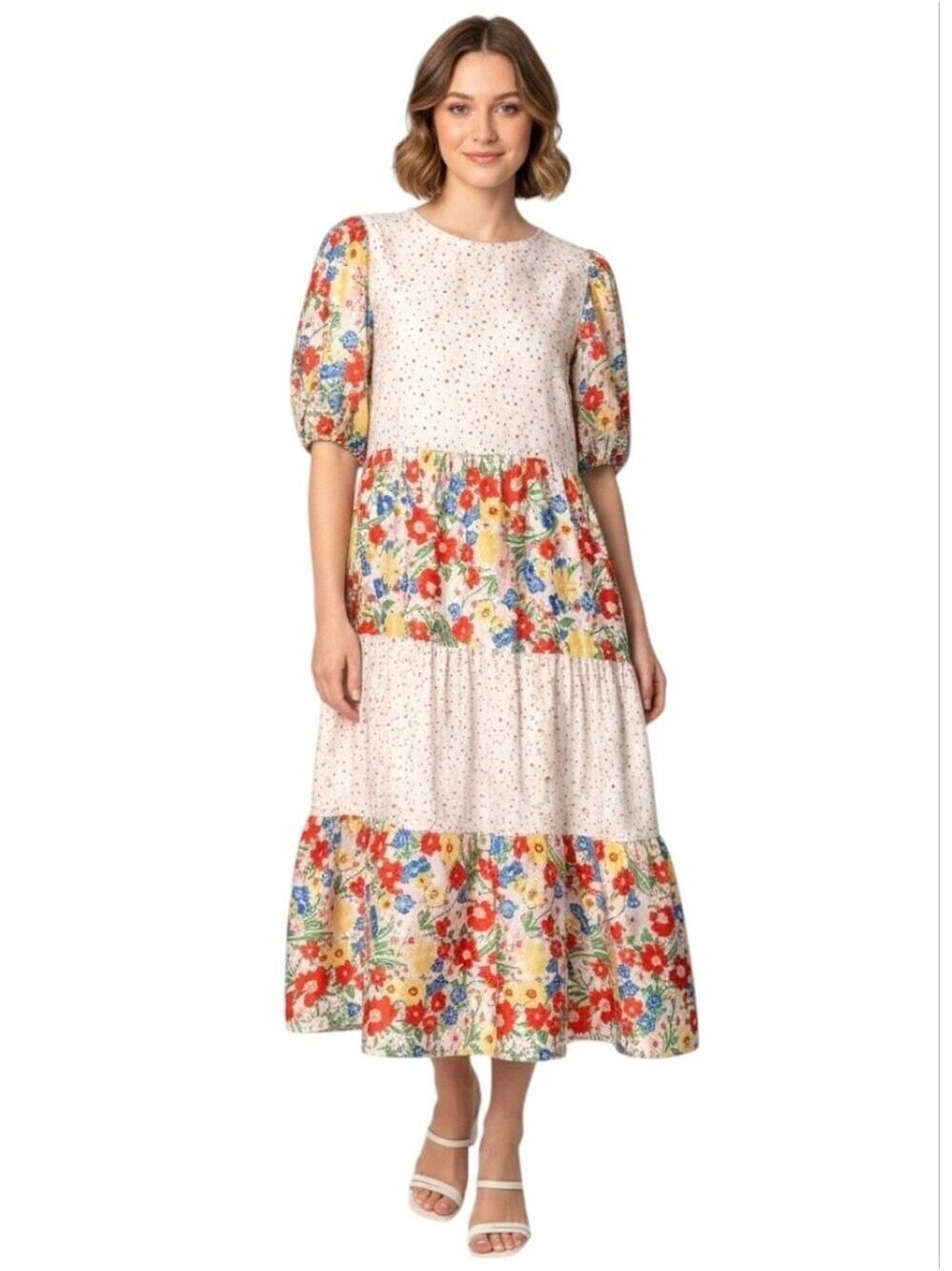 White Multi Floral Maxi Dress Puff Sleeve